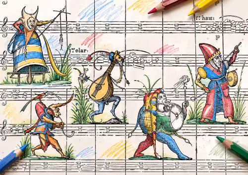 Des personnages grotesques sur une partition musicale.